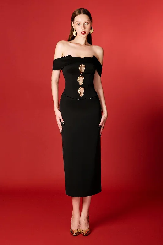 Midi dresses with empire waists for a flattering maternity option Nova Pencil Off-Shoulder Taffeta Midi Dress