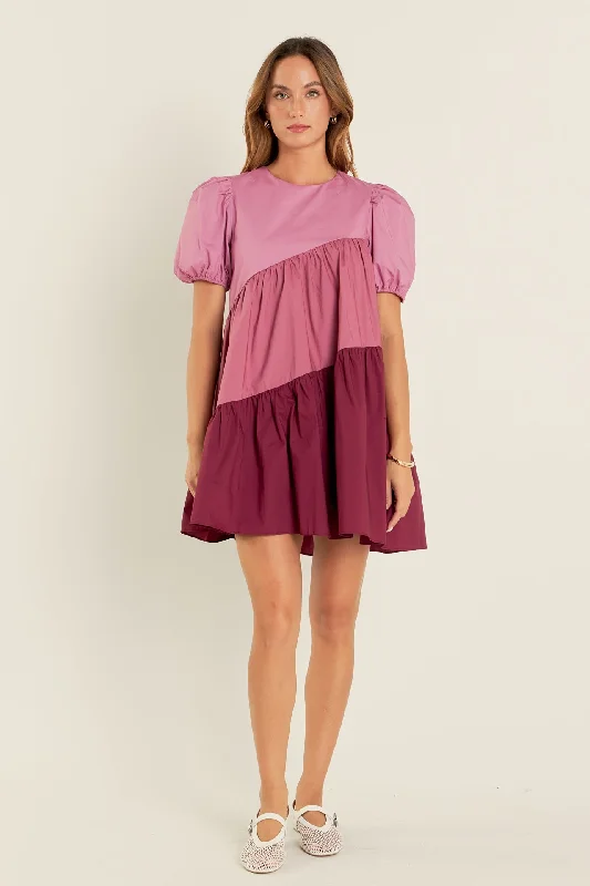 Lace - Trimmed Casual Dresses for a Delicate Touch Asymmetrical Colorblock Puff Sleeve Dress Lace - Trimmed Casual Dresses for a Delicate Touch Asymmetrical Colorblock Puff Sleeve Dress