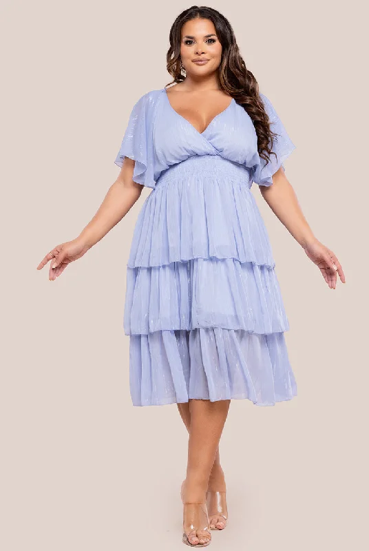 Midi dresses with wrap - around skirts for a customizable fit Goddiva Plus Plain Lurex Chiffon Tiered Midi Dress - Light Blue Midi dresses with wrap - around skirts for a customizable fit Goddiva Plus Plain Lurex Chiffon Tiered Midi Dress - Light Blue