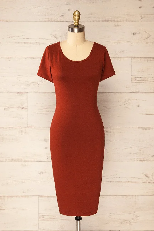 Printed mini dresses for a casual day out Athens Rust | Short Sleeve Fitted Midi Dress Printed mini dresses for a casual day out Athens Rust | Short Sleeve Fitted Midi Dress