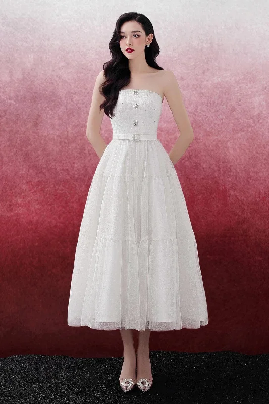 Midi dresses with cold - shoulder cutouts for a trendy style Wendy Strapless Gathered Tulle Midi Dress Midi dresses with cold - shoulder cutouts for a trendy style Wendy Strapless Gathered Tulle Midi Dress