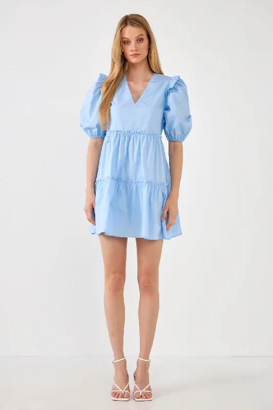 Knit Casual Dresses in Chunky Patterns​ Ruffle Detail Puff Sleeve Mini Dress