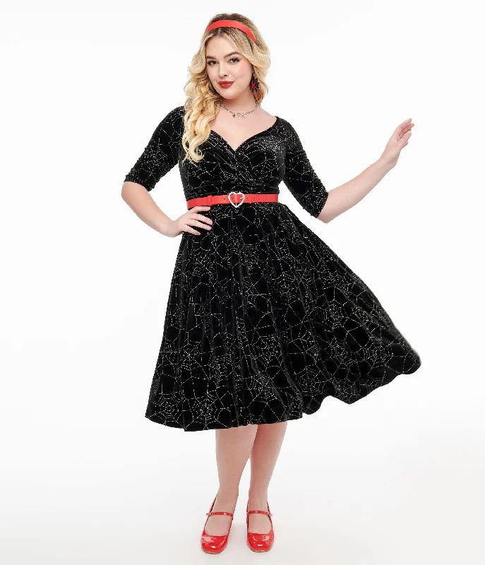 Everyday Dress with Beaded Embellishments for a Luxurious Look Unique Vintage 1950s Black Velvet & Silver Spiderweb Marceline Swing Dress Everyday Dress with Beaded Embellishments for a Luxurious Look Unique Vintage 1950s Black Velvet & Silver Spiderweb Marceline Swing Dress