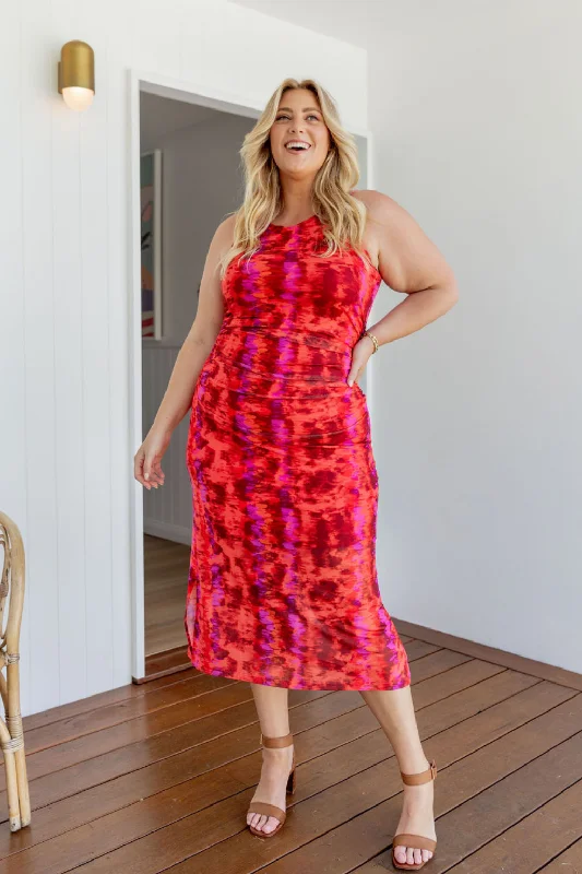 Midi dresses with one - shoulder designs for a modern and asymmetric style Teagan Mesh Midi Dress in Red Midi dresses with one - shoulder designs for a modern and asymmetric style Teagan Mesh Midi Dress in Red
