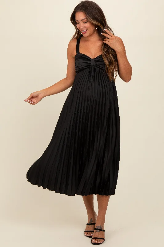 Maternity dress for a summer barbecue Black Satin Pleated Sweetheart Maternity Midi Dress Maternity dress for a summer barbecue Black Satin Pleated Sweetheart Maternity Midi Dress