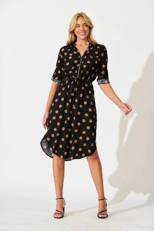 Everyday Dress with Sequined Appliques for a Sparkling Effect Rival Zip Dress in Black with Brown Spot Everyday Dress with Sequined Appliques for a Sparkling Effect Rival Zip Dress in Black with Brown Spot
