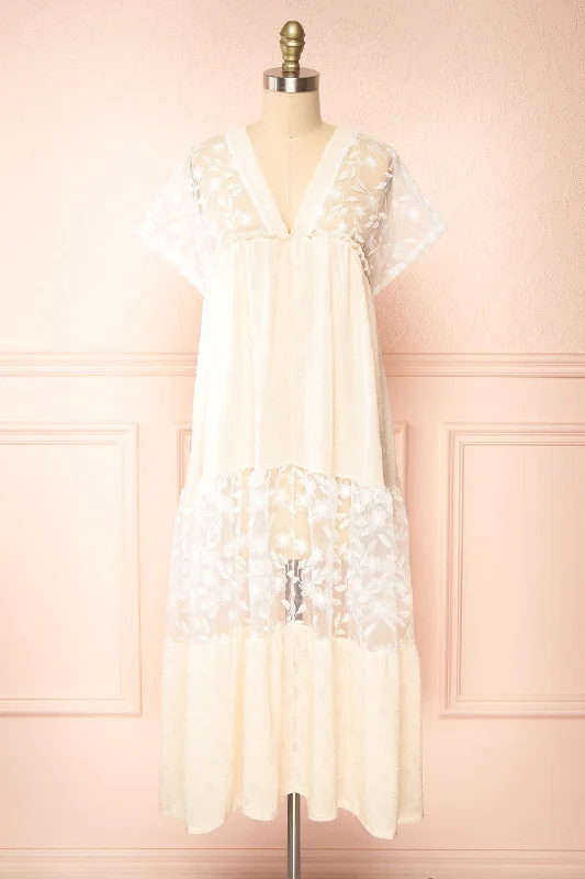 Mini dresses with bow accents for a sweet look Ailee | Beige & White Tiered Midi Dress w/ Embroidery Mini dresses with bow accents for a sweet look Ailee | Beige & White Tiered Midi Dress w/ Embroidery