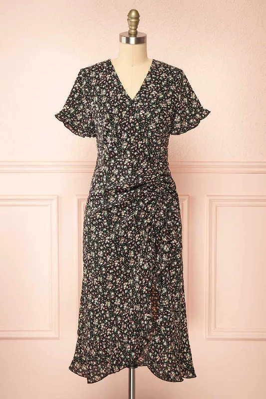 Satin mini dresses for a luxurious feel Lalisa | Black Midi Dress w/ Floral Pattern