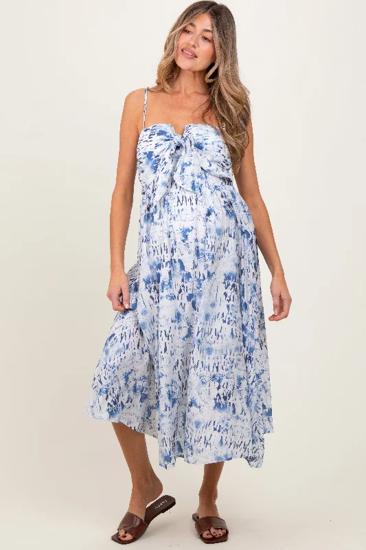 Maternity dress for a mountain getaway Blue Adjustable Strap Tie Front Maternity Midi Dress Maternity dress for a mountain getaway Blue Adjustable Strap Tie Front Maternity Midi Dress