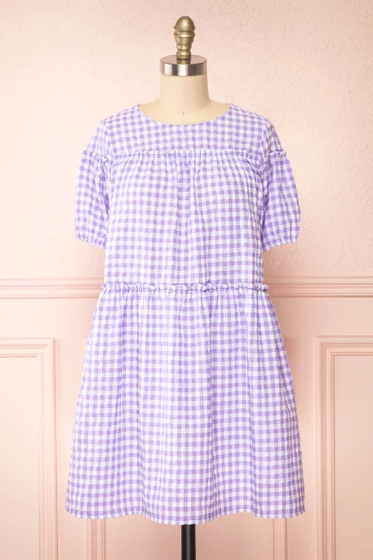 Floral print mini dresses for summer parties Evie | Short Purple Gingham Dress