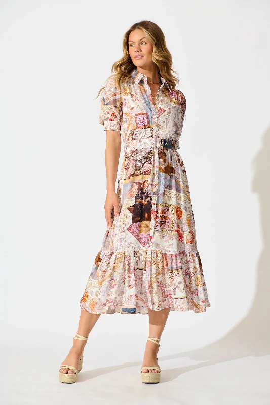  Allyna Midi Shirt Dress in White Multi Patchwork