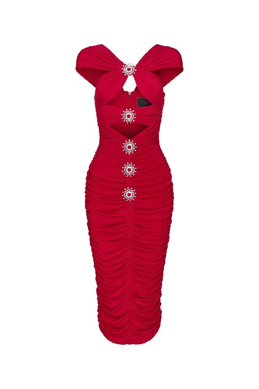 Midi dresses with denim fabric for a casual yet stylish day out Estrella Bodycon Gathered Spandex Midi Dress Midi dresses with denim fabric for a casual yet stylish day out Estrella Bodycon Gathered Spandex Midi Dress