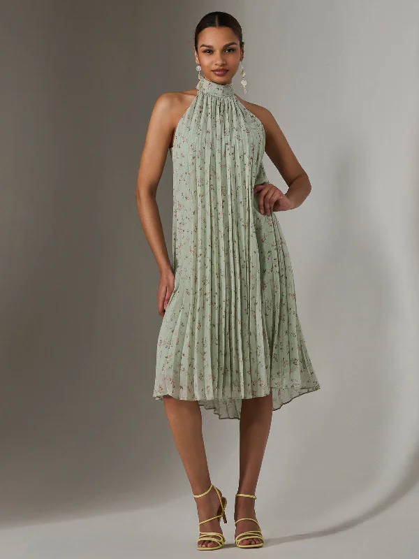 Midi dresses with metallic threads for a glamorous evening event Pleated Halter Neck Midi Dress, Mint Green Midi dresses with metallic threads for a glamorous evening event Pleated Halter Neck Midi Dress, Mint Green