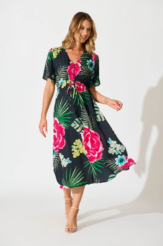 Everyday Dress with Patchwork Design for a Bohemian - inspired Look Melody Midi Dress In Black with Pink Floral Everyday Dress with Patchwork Design for a Bohemian - inspired Look Melody Midi Dress In Black with Pink Floral