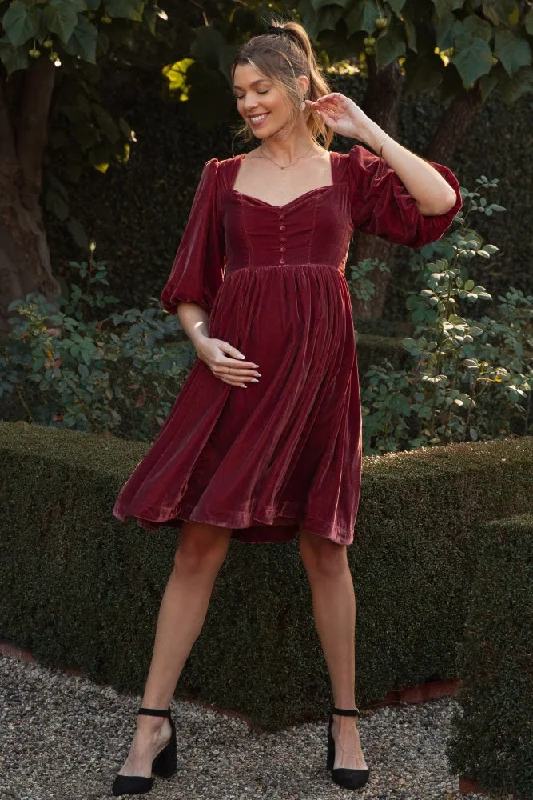 Maternity dress for a baby's first visit to the theater Burgundy Velvet Sweetheart Button Accent Maternity Dress Maternity dress for a baby's first visit to the theater Burgundy Velvet Sweetheart Button Accent Maternity Dress