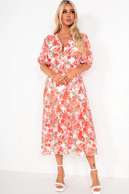 Midi dresses with cold - shoulder cutouts for a trendy style Ashley Red Chiffon Print Dress