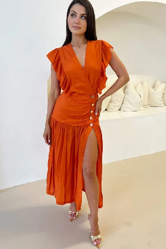 Wrap - style midi dresses in silk for a sophisticated office look Camille Orange Frill Shoulder Dress Wrap - style midi dresses in silk for a sophisticated office look Camille Orange Frill Shoulder Dress
