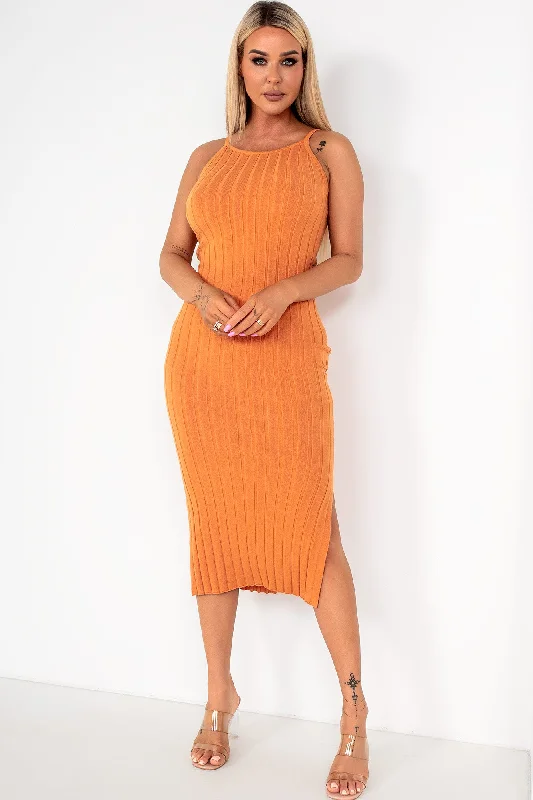 Midi dresses with ribbed textures for a unique and tactile appearance Idris Burnt Orange Knit Dress Midi dresses with ribbed textures for a unique and tactile appearance Idris Burnt Orange Knit Dress