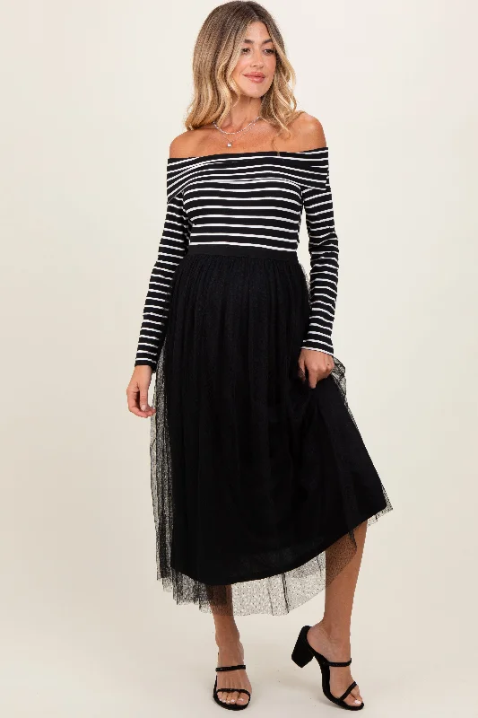 Maternity cocktail dress with sequin embellishments Black Striped Off Shoulder Contrast Knit Mesh Maternity Maxi Dress Maternity cocktail dress with sequin embellishments Black Striped Off Shoulder Contrast Knit Mesh Maternity Maxi Dress