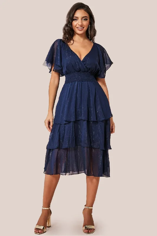 Midi dresses with tiered skirts for a bohemian festival look Goddiva Chiffon Layered Flutter Sleeve Midi Dress - Navy Midi dresses with tiered skirts for a bohemian festival look Goddiva Chiffon Layered Flutter Sleeve Midi Dress - Navy