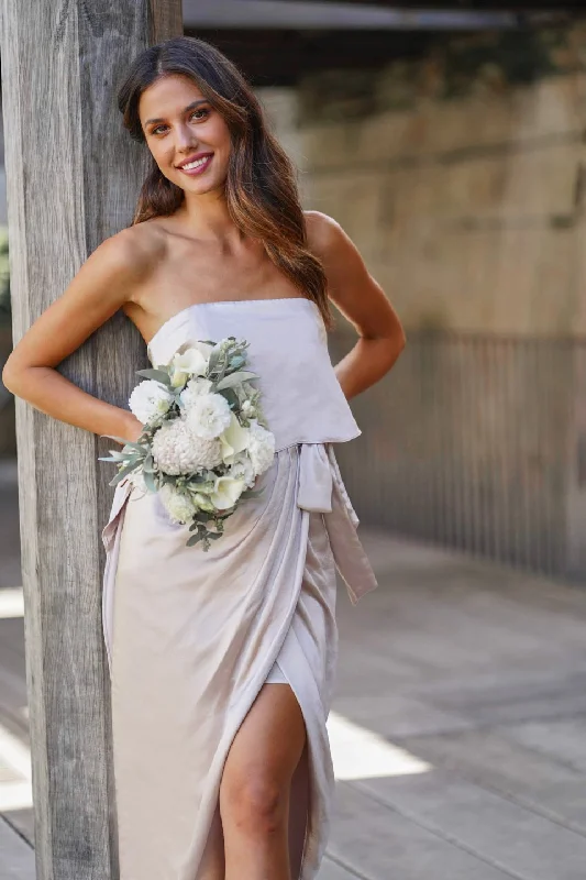Midi dresses with wrap - around skirts for a customizable fit Fleur Strapless Dress - Champagne Midi dresses with wrap - around skirts for a customizable fit Fleur Strapless Dress - Champagne