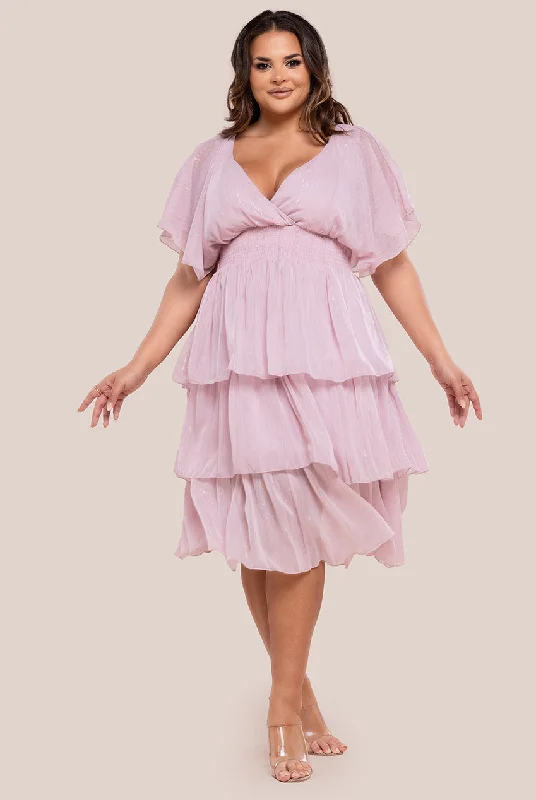 Midi dresses with off - the - shoulder necklines for a flirty look Goddiva Plus Plain Lurex Chiffon Tiered Midi Dress - Blush Pink Midi dresses with off - the - shoulder necklines for a flirty look Goddiva Plus Plain Lurex Chiffon Tiered Midi Dress - Blush Pink