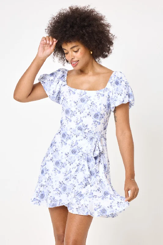 Mini dresses with one - shoulder designs White Blue Floral Puff Sleeve Wrap Dress