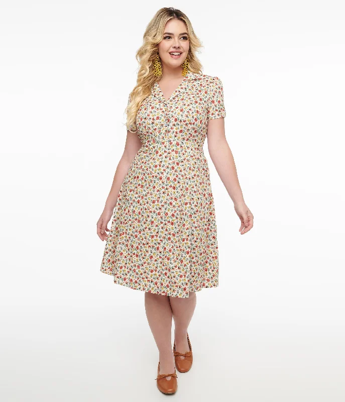 Everyday Dress with Paisley Print for a Vintage Look 1950s Cream & Multicolor Floral Fit & Flare Dress Everyday Dress with Paisley Print for a Vintage Look 1950s Cream & Multicolor Floral Fit & Flare Dress
