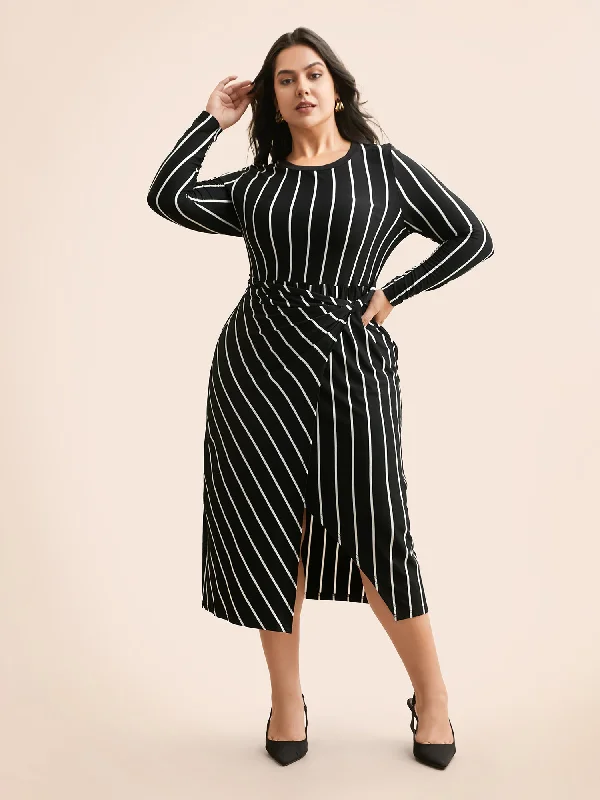  Striped Twist Front Split Hem Dress