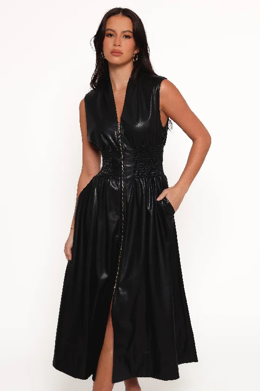 Midi dresses with empire waists for a flattering maternity option Lizzi Faux Leather Midi Dress - Black Midi dresses with empire waists for a flattering maternity option Lizzi Faux Leather Midi Dress - Black