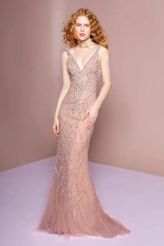 Sheath satin wedding dresses for a sleek appearance Midi wedding guest dresses in navy blue for a formal affair GLS by Gloria - GL2701 Embellished Deep V-neck Trumpet Dress Sheath satin wedding dresses for a sleek appearance Midi wedding guest dresses in navy blue for a formal affair GLS by Gloria - GL2701 Embellished Deep V-neck Trumpet Dress