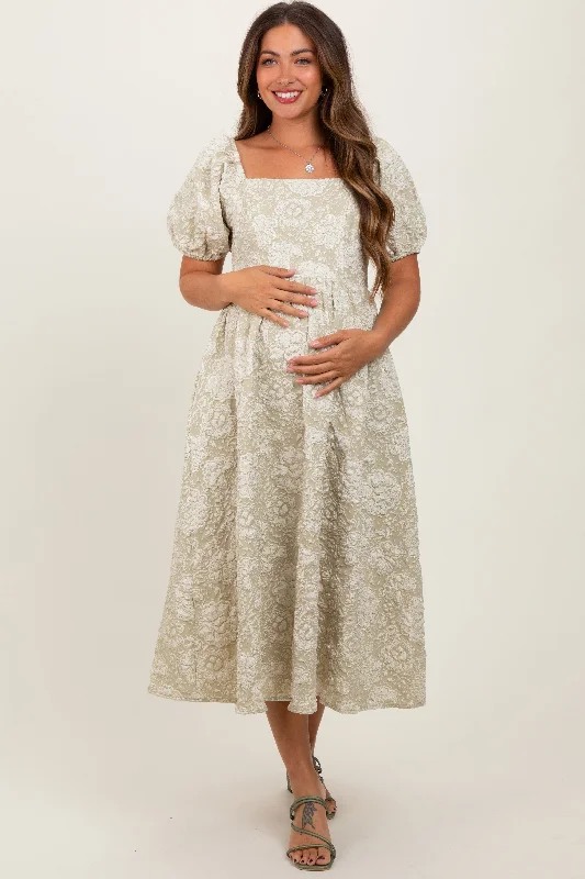 Maternity dress for a baby's first visit to the rooftop garden Light Olive Floral Jacquard Knit Puff Sleeves Maternity Midi Dress Maternity dress for a baby's first visit to the rooftop garden Light Olive Floral Jacquard Knit Puff Sleeves Maternity Midi Dress