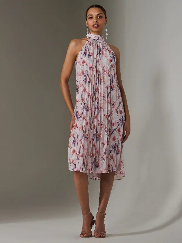 Maxi - inspired midi dresses with flowing fabrics for a beachy vibe Pleated Halter Neck Midi Dress, Purple Abstract Maxi - inspired midi dresses with flowing fabrics for a beachy vibe Pleated Halter Neck Midi Dress, Purple Abstract