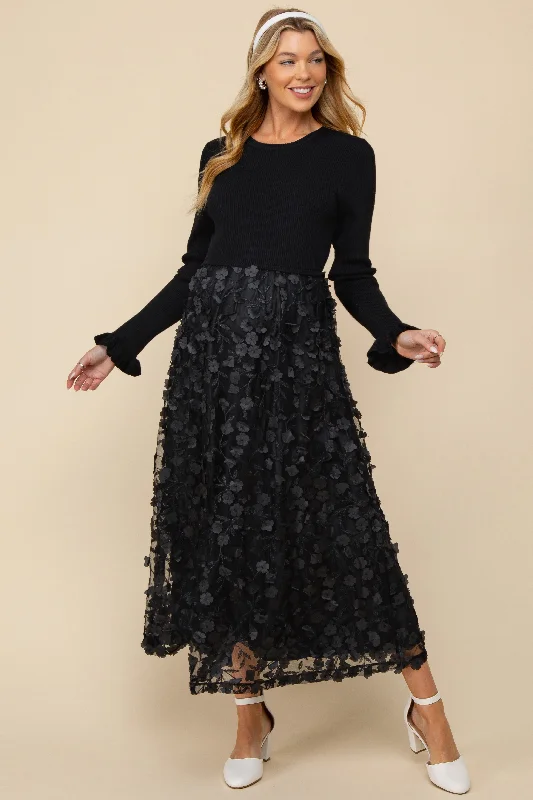 Maternity dress for a baby's first visit to the vegetable garden Black Floral Applique Contrast Skirt Maternity Midi Dress