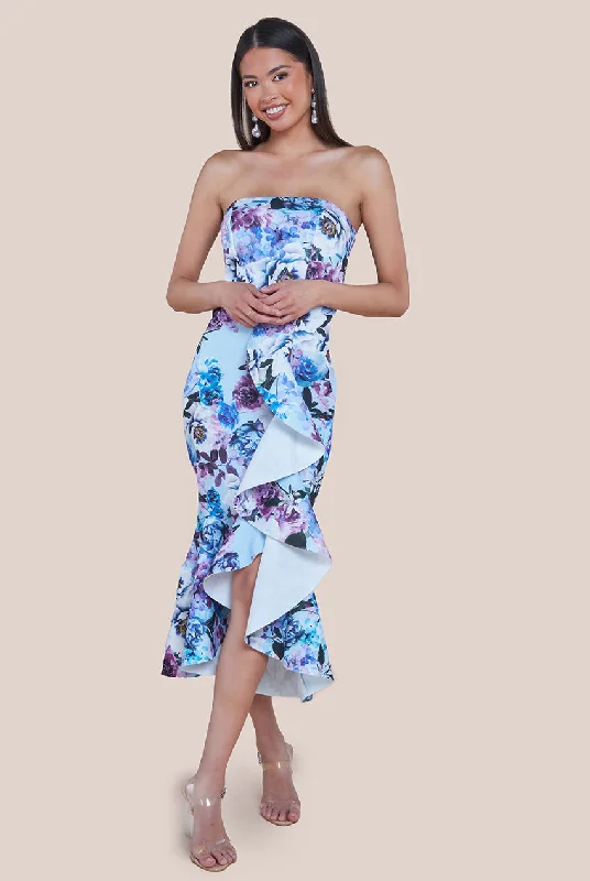 Midi dresses with belted waists to accentuate the figure Goddiva Ruffled Floral Scuba Foam Bandeau Midi Dress - Blue Midi dresses with belted waists to accentuate the figure Goddiva Ruffled Floral Scuba Foam Bandeau Midi Dress - Blue