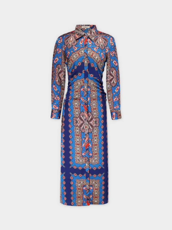 Zip - Front Casual Dresses for Easy On and Off​ Side Gathered Dress-Blue Bandana