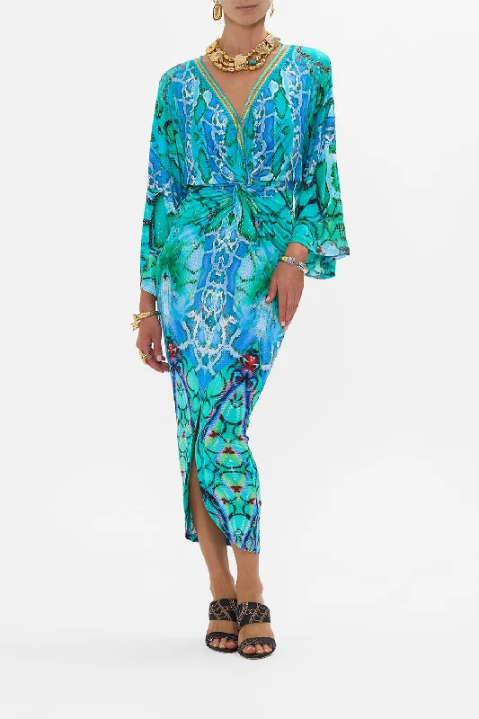 Midi dresses with tassel accents for a bohemian and free - spirited style LONG SPLIT FRONT TWIST DRESS LAND OF WONDER Midi dresses with tassel accents for a bohemian and free - spirited style LONG SPLIT FRONT TWIST DRESS LAND OF WONDER
