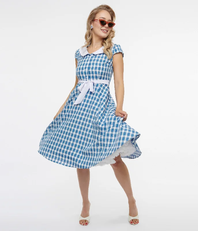 Everyday Dress with Sequined Appliques for a Sparkling Effect 1950s Blue & White Plaid Swing Dress Everyday Dress with Sequined Appliques for a Sparkling Effect 1950s Blue & White Plaid Swing Dress