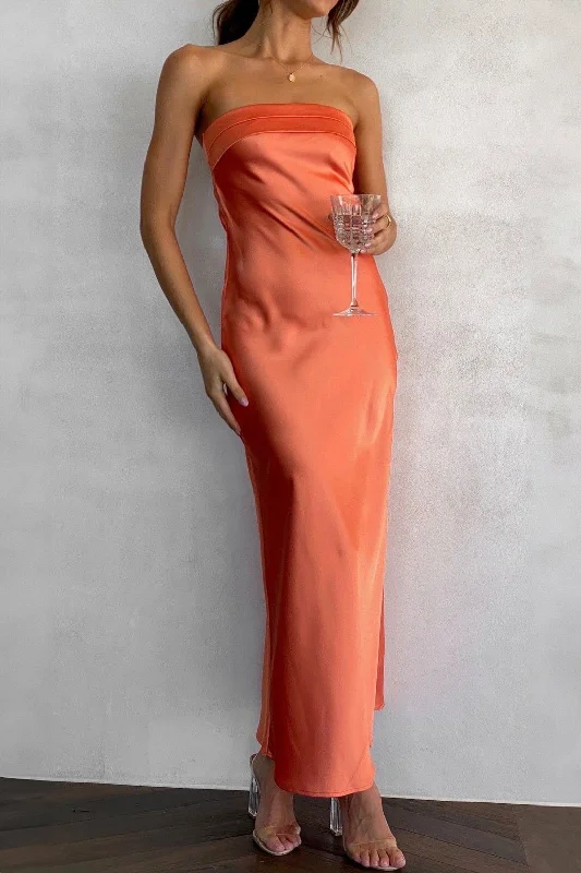Maxi - inspired midi dresses with flowing fabrics for a beachy vibe Danetta Orange Satin Bandeau Dress Maxi - inspired midi dresses with flowing fabrics for a beachy vibe Danetta Orange Satin Bandeau Dress