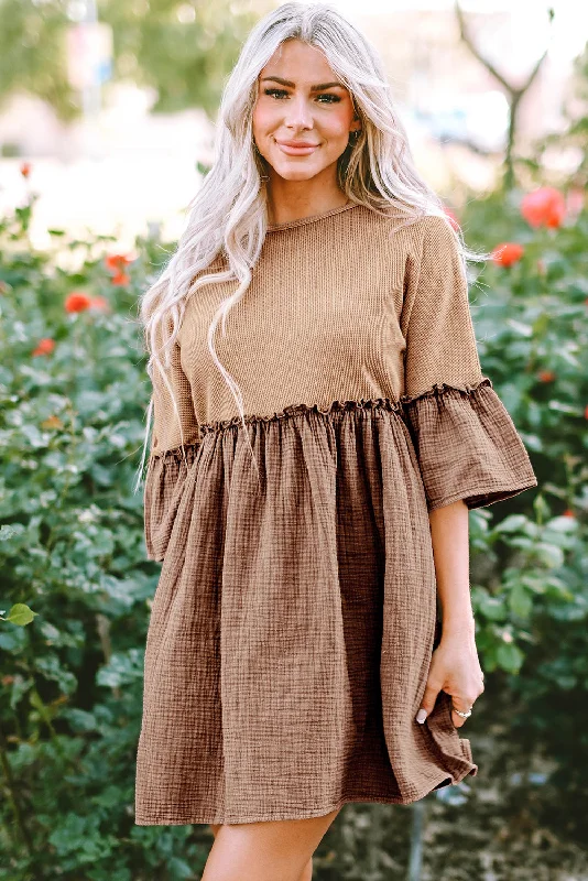 Sheer mini dresses with lace inserts Khaki Waffle Crinkle Patchwork Frilled Flare Dress Sheer mini dresses with lace inserts Khaki Waffle Crinkle Patchwork Frilled Flare Dress