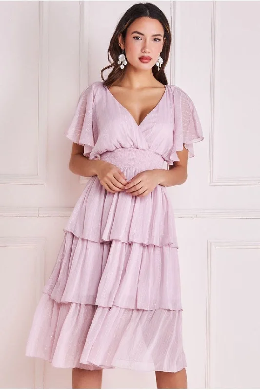 Midi dresses with puff sleeves for a vintage - inspired look Goddiva Plain Lurex Chiffon Tiered Dress - Pink Midi dresses with puff sleeves for a vintage - inspired look Goddiva Plain Lurex Chiffon Tiered Dress - Pink