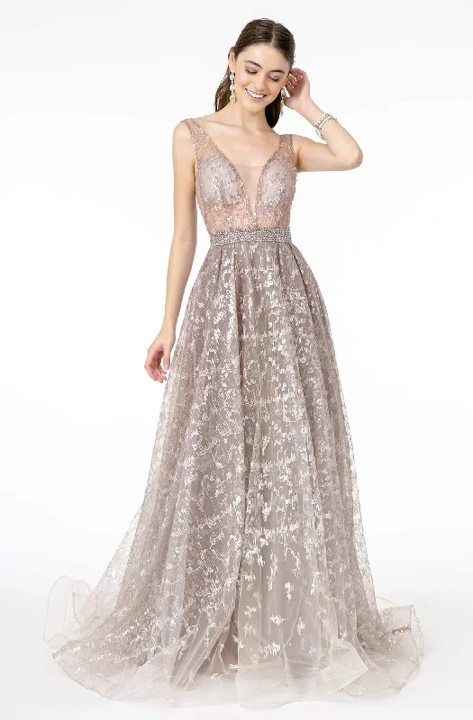 Tulle - over - satin wedding dresses for a soft look Wedding guest dresses with mesh panels and empire waists GLS by Gloria - GL2971 Embroidered Deep V-Neck A-Line Dress Tulle - over - satin wedding dresses for a soft look Wedding guest dresses with mesh panels and empire waists GLS by Gloria - GL2971 Embroidered Deep V-Neck A-Line Dress