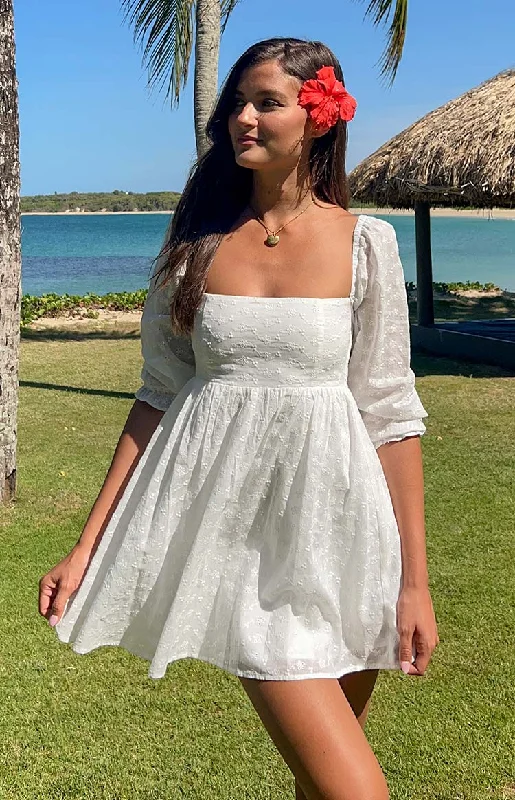 Satin mini dresses for a luxurious feel Rubi White Long Sleeve Broderie Mini Dress