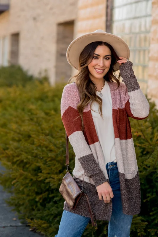 long length women cardigan with side slitsLovely Textured Color Block Cardigan