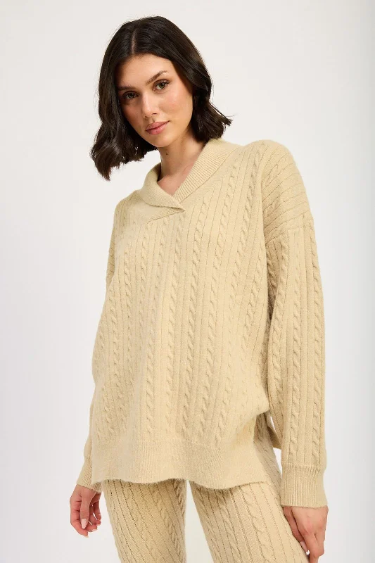 Hooded Women's Fleece - Lined Sweaters for WinterBelle Collared Cable Knit Sweater