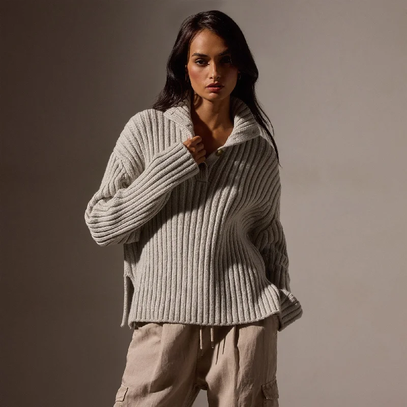 Open - Front Women's Cardigan - Style Mohair SweatersCotton Knit Funnel Neck Sweater - Salt