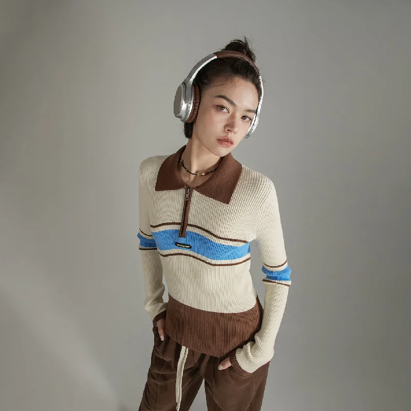 Bell - Sleeve Women's Mohair - Wool Blend SweatersHalf Zip-Up Color Collar Knit Sweater