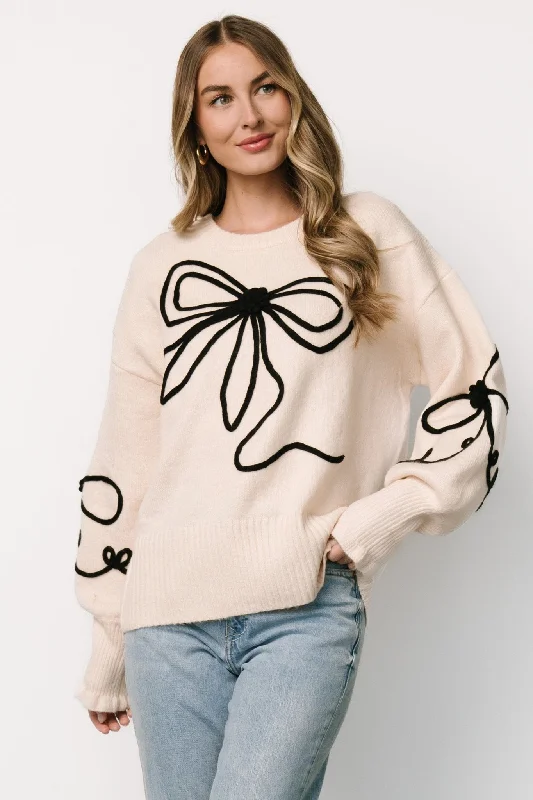 Plus Size Women's Embroidered Sweaters in Ethnic StylesElsie Ribbon Sweater | Cream + Black