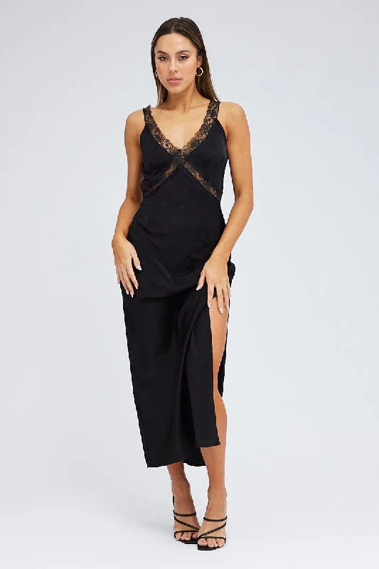 Mermaid - Style Women Dress with a Fitted Silhouette for Special OccasionsBlack Maxi Dress Sleeveless Satin Lace Trim Mermaid - Style Women Dress with a Fitted Silhouette for Special OccasionsBlack Maxi Dress Sleeveless Satin Lace Trim