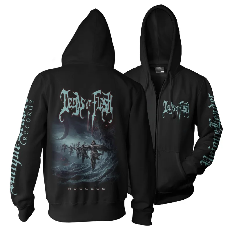 Women's tie - front hoodie in a lightweight fabric for summer layeringDeeds of Flesh "Nucleus" Zip Hoodie Women's tie - front hoodie in a lightweight fabric for summer layeringDeeds of Flesh "Nucleus" Zip Hoodie